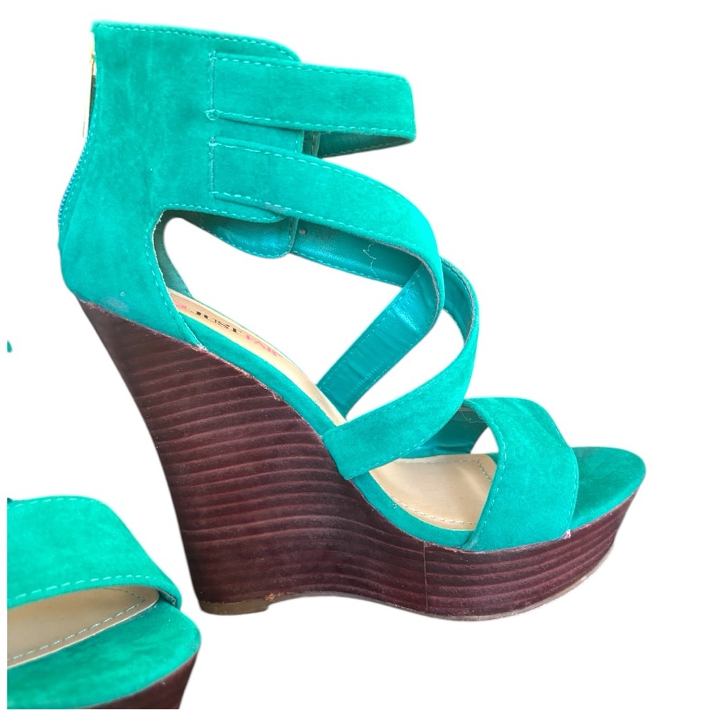 JustFab Green Suede Crisscross Wedge Sandals – Size 7 Platform Heels Never Worn - Picture 2 of 5
